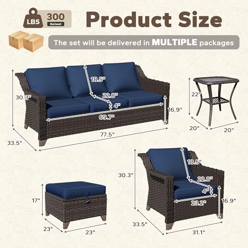 Image of 6 Piece Patio Furniture Set, Wicker Outdoor Conversation Set | Patio Chair Set with Olefin Removable Cushion, All-Weather Outdoor Couch with Deep Seat for Porch, Deck and Backyard, Blue