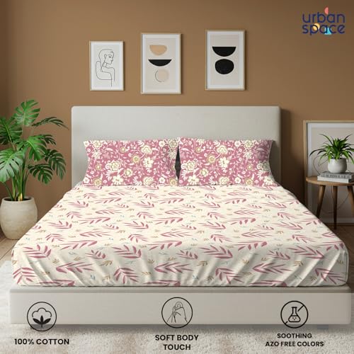 Image of Urban Space Divine 100% Cotton King Fitted Size Bedsheet, 144 TC Super Soft Elastic bedsheets for King Size Bed, Floral Design King bedsheet with 2 Pillow Covers (72 inch x 78 inch, Raina Mauve)