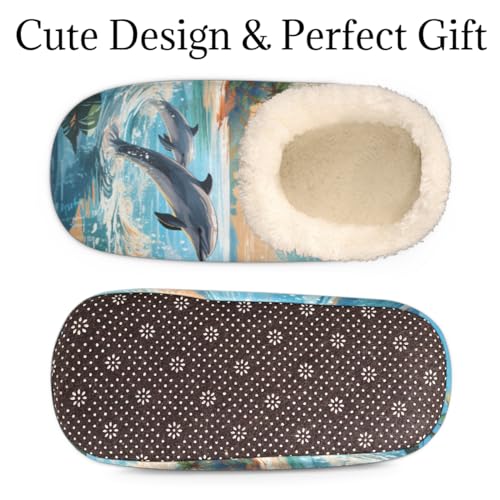 Sea Beach Dolphin Slippers for Women Men, Ocean Animal House Slippers Socks Warm Fuzzy Memory Foam Indoor Slippers Lightweight Cozy Anti-Skid Closed Back Home Shoes, Medium3