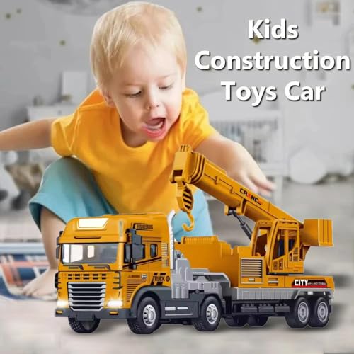 Image of Friction Powered Crane Construction Transport Truck with Lights Sounds Die cast Alloy Model Engineering Crane Toy for Kids Boys Pull Back Vehicles