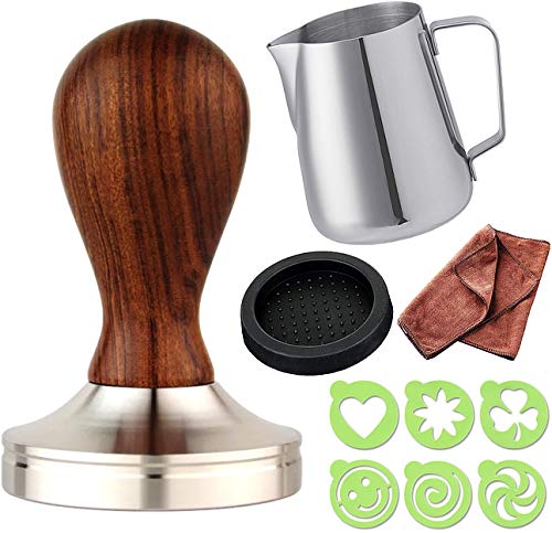 Practimondo 51mm Espresso Tamper Set inkl. Tampermatte und Milchkännchen - Der Deluxe Kaffeemehlpresser für Siebträger Kaffeemaschine - Premium Barista Edelstahl Kaffeedrücker Espresso-Stempel