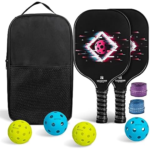 Secotan Pickleball Paddle Set, 2 Polypropyleneglass Paddles, 2 Outdoor 40-Hole Balls, 2 Indoor 26-Hole Balls, 2 Replacement Handle Covers, Stylish Bag (Electro Style) Cover