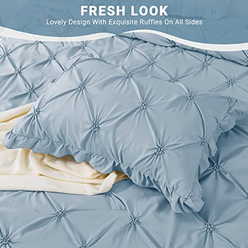 JOLLYVOGUE Light Blue/Ivory Full Size Comforter Sets 7 Pieces, Pintuck Bed in a Bag Comforter Set for Bedroom, Bedding Comforter Sets with Comforter, Sheets,Ruffled Shams & Pillowcases