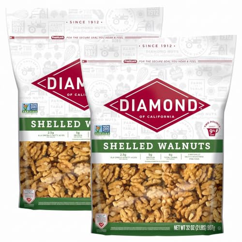 Diamond of California Shelled Walnut Halves and Pieces,Pre-Shelled Raw Walnuts for Baking,Snacking and Salads,32 oz. (Pack of 2)
