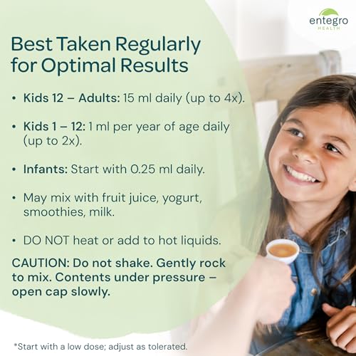 Image of ENTEGRO Flourish Junior Liquid Probiotic & Postbiotic Supplement with Spoon - Plastic | 11 Live Cultures | Gut & Digestive Health for Women, Men & Kids | Vegan & Gluten Free | USA Made | 16 fl oz