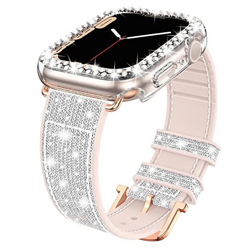 Goton Bling Silicone Case Band for Apple Watch Series 7 Bands 45mm with Bumper [No Screen Protector], Women Glitter Strap + Edge Protector Clear Cover Accessories for iWatch Series 7 45mm Silver