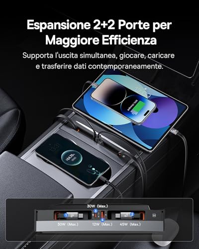 Hub USB 45W per Tesla Model Y e Model 3 2021 2022 2023, Caricabatteria Auto Multiporta 4 in 1, Docking Station con Hub Estraibile e Cavo di Ricarica Rapida, Accessori Model 3 e Model Y - Hub USB - Immagine 4