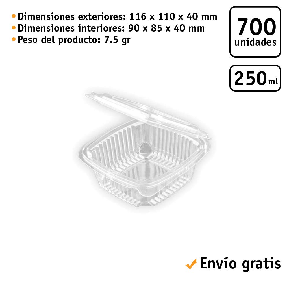 700 uds - Envase recipiente para comidas frías con tapa bisagra rectangular - Capacidad 250 ml - Polietileno (PET) transparente