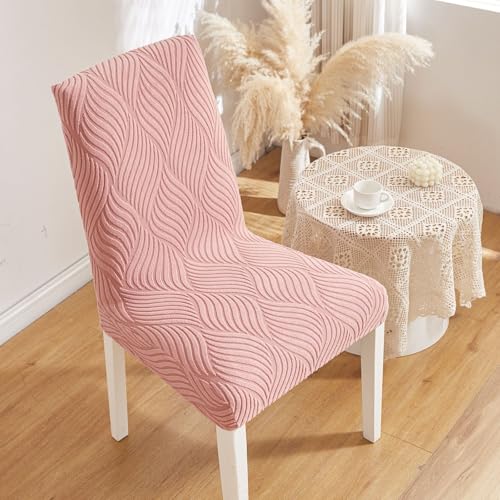 Image of HOMETHREADS Elastic Jacquard Chair Cover - Stretchable, Removable & Washable Short Dining Chair Slipcover | Durable Seat Protector for Kitchen, Dining Room & Banquet Chairs (Pink, Pack of 8)