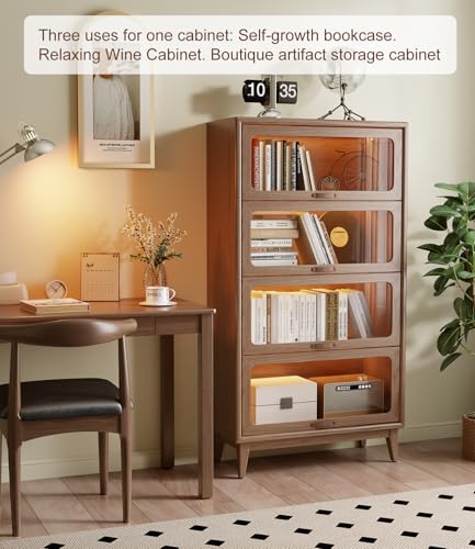 Image of Solid Wood Bookcase 4 Tier Bookshelves with Tempered Glass Flip-Up Doors 60Hx12.5Dx32W inch Brown Finish Cube Storage Organizer, Bookshelf Versatile Pantry Cabinet with Storage for Kitchen Home Office