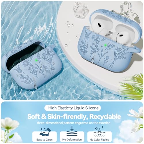 Image of Flower Engraved Case for Apple AirPods Pro 2nd /1st Generation, Soft Silicone AirPods Pro 2 Gen Protective Cover for Women Airpod Cases with Clean Kit,Carabiner,Front LED Visible,Light Blue