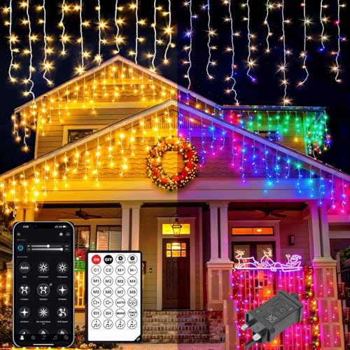 TEKXDD Icicle Outdoor Christmas Lights 400 LED 10M APP Control Waterproof Warm White and RGB Icicle Lights Remote +17 Modes + 4 Brightness + Timer + Speed Xmas Lights Outdoor Decorations