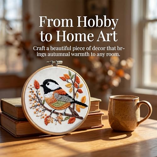 Image of Huacan Embroidery Kit for Beginners Adults Includes Stamped Bird Pattern, Hoop, Color Threads,Tools,Easy to Follow Instruction
