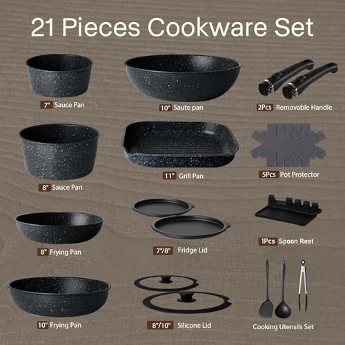 Image of 19 Pcs Pots and Pans Set Non Stick, Stackable Cookware Sets with Detachable Handle, Granite Induction RV Kitchen Portable Cooking Set Removable Handles, Dishwasher ＆ Oven Safe, Black
