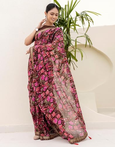 Image of SIRIL Women's Chiffon Printed Saree With Unstitched Blouse Piece