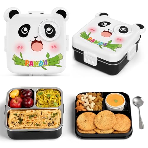 Image of Primalite Kids Panda Theme Stainless Steel Bento Lunch Box for School, 3-Compartment, Sauce Jar & a Spoon, Leak-Proof with Seal Ring Design & Multiple Lock-Design Tiffin, Air-Tight- 1100ML- White