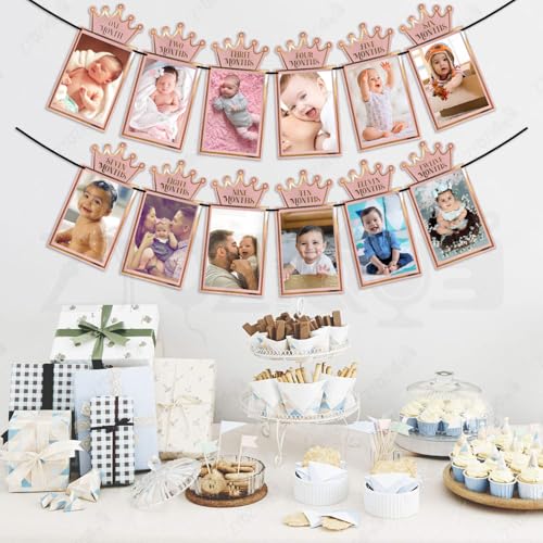 Image of Zyozique Baby Monthly Milestone Photo Paper Banner, Rose Gold Crown Design, 1-12 Months Picture Frame Garland, First Year Memory Keepsake, New Born To 1st Birthday Baby Photo Paper Banner