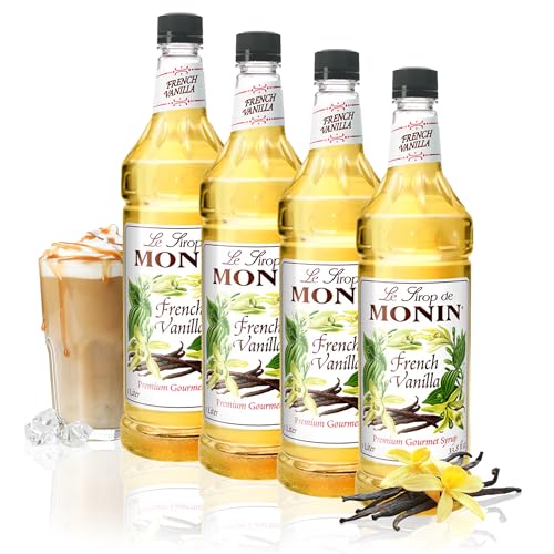 Monin - French Vanilla Syrup with Monin BPA Free Pump, Boxed, Versatile Flavor, Natural Flavors, Great for Coffees, Cocktails, Shakes, and Kids Drinks, Non-GMO, Gluten-Free (1 Liter, 4-Pack)