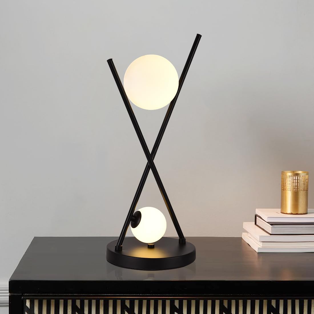 Modern Black X-Shaped Table Lamp 2-Lights Globe Glass Beside Lamp Nordic Metal 3 Color Temperatures Desk Lamp for Bedroom Living Room Study Office Corner
