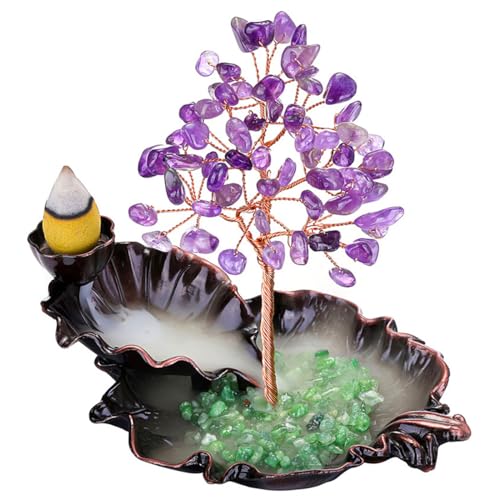 Top Plaza ATPUS30709 Waterfall Incense Burner, Backflow Burner Ceramic Stick Incense Holder Burner For Yoga Meditation, Leaf Shape Incense Crystal Tree Holder Aromatherapy Home Decoration-Amethyst cover