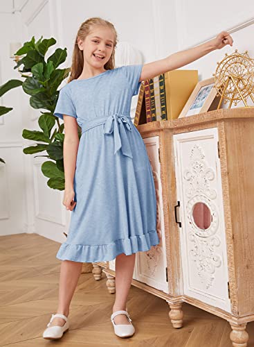 Mitilly Girls Summer Crewneck Short Sleeve A-Line Ruffle Casual Midi Dress With Pockets 12 Years Light Blue #TOP3
