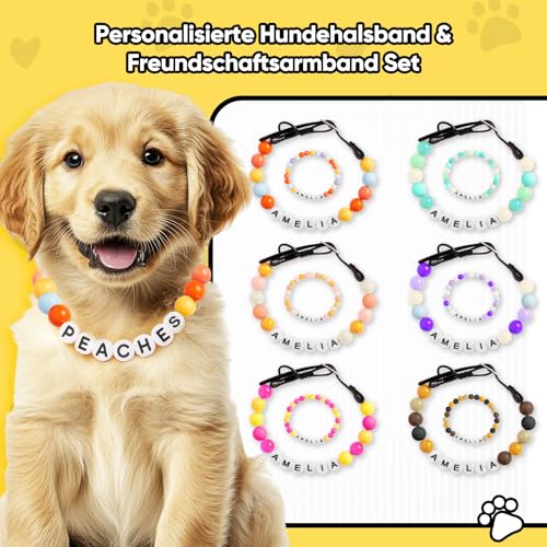 Hundehalsband Personalisiert mit Namen/Buchstabe - Niedliche Bunte Perlen Halskette Halsband Hund Katze mit GRATIS Passendem Armband - Personalisierte Hunde Geschenke für Frauen Männer Hundeliebhaber