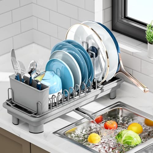 SanDream Small Dish Drying Rack, Compact Dish Rack for Kitchen Counter with Removable Cutlery Holder, Multifunctional Stainless Steel Dish Drainer, Space Saving, Gray