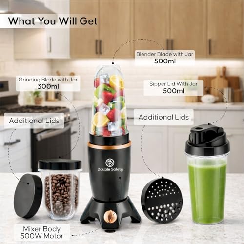 Image of 500W Nutri Blender | 3 Bullet Poly Jars For Smoothie, Juicing, Mixing Blending Juicer Mixer Grinder| Stainless Steel Blade | Fresh Smoothies, Shakes| 2 Year Warranty (Black)
