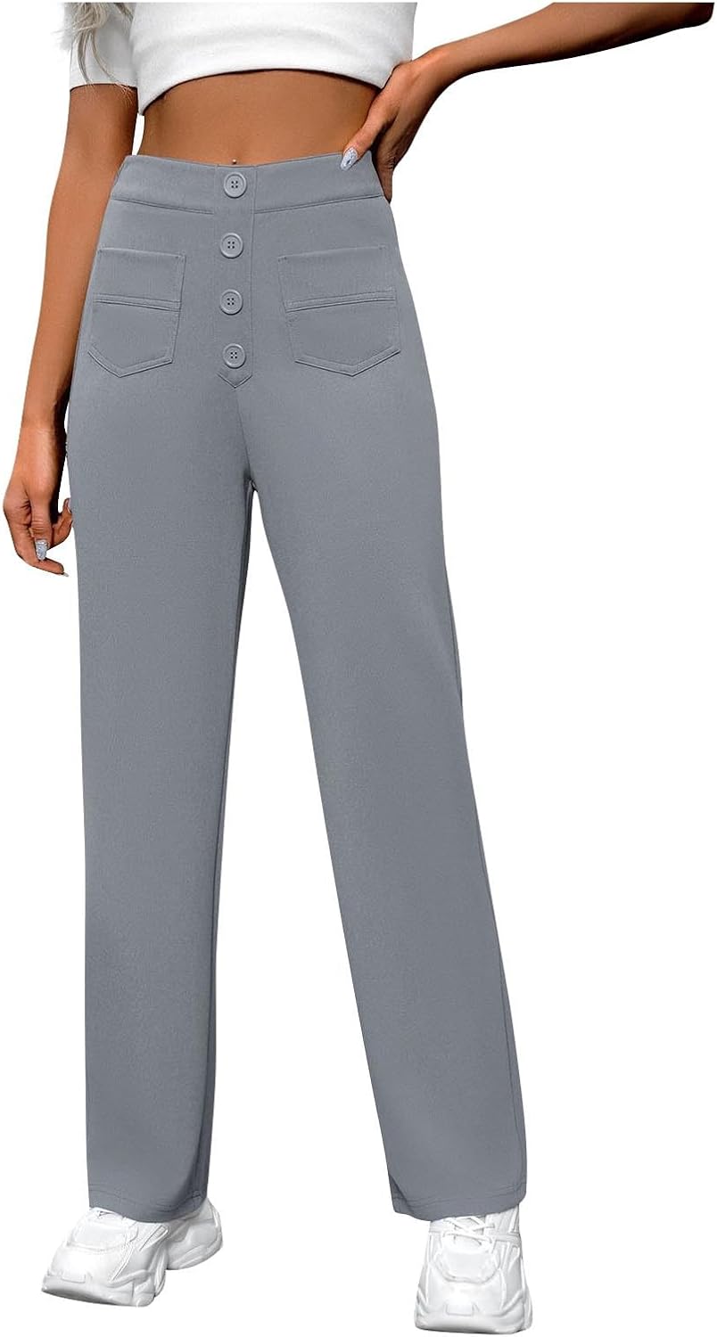Women Business Fashion Pants High Waisted Tummy Pants Straight Leg Solid Color Work Trousers with Pockets