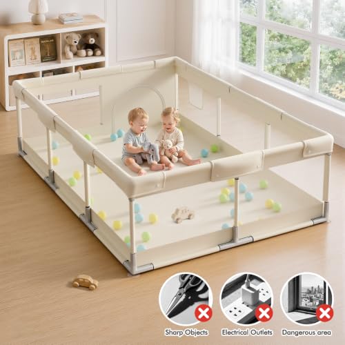 Image of Uanlauo Baby Playpen for Babies and Toddlers, 71x47in Large Playpen, Beige