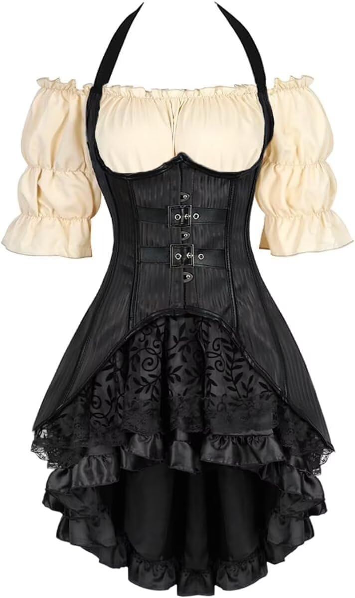 Steampunk Corsagenkleid – Leder-Corsage Mit Asymmetrischem Spitzenrock & Bluse Für Halloween, Cosplay & Partys