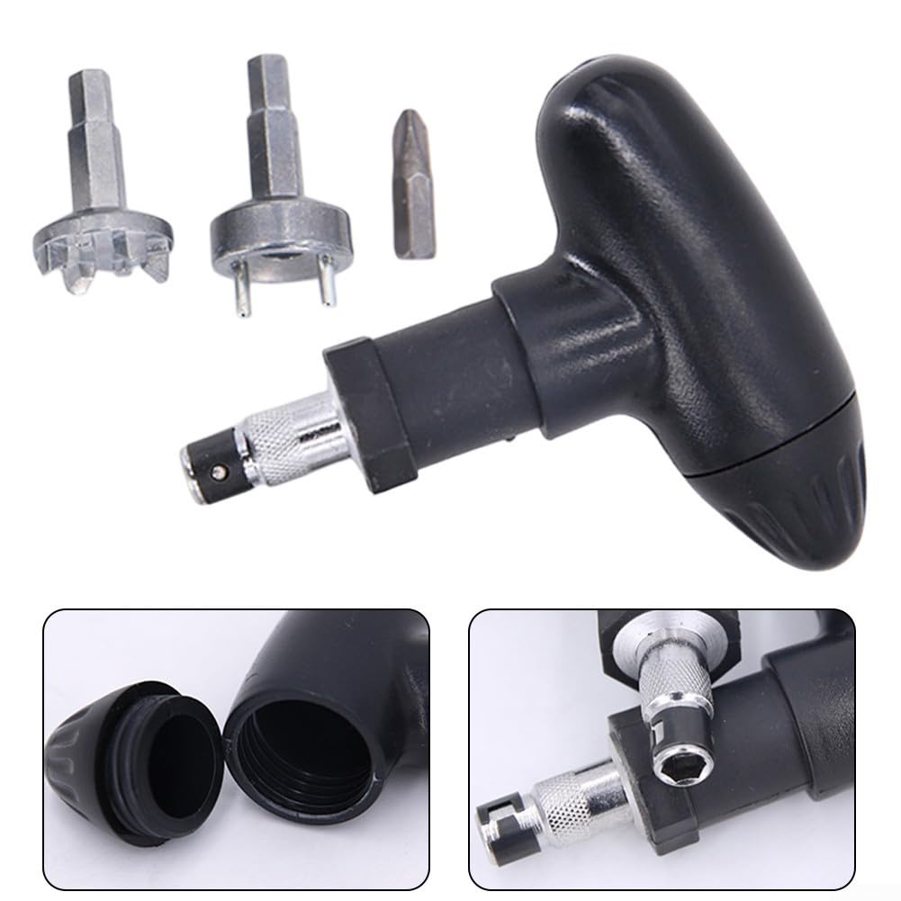Chiave a cricchetto con manico in plastica e punta a 2 rebbi, in acciaio inox, design compatto, colore nero