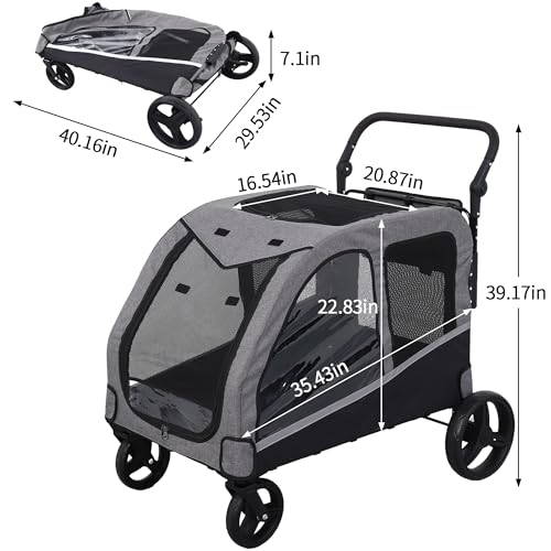 Image of Saudism Dog Stroller for Large & Medium Dogs (up to 160lbs), Pet Stroller for 2 Small Dogs, Extra Large Heavy Duty, Dog Wagon Foldable & Adjustable Handle with Pocket, Grey
