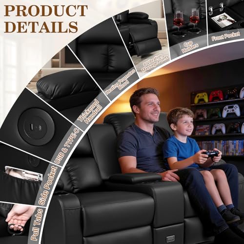 Image of CHABATREE Home Theater Seating,RV Recliner Sofa with Massage and Heat,Manual RV Recliner Loveseat with USB /Cup Holders and Side Pocket for Living Room,Loveseat Black