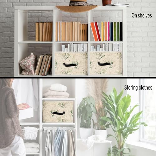 Image of Sage Green Eucalyptus Storage Bins, Watercolor Plant Botanical Collapsible Fabric Storage Basket Organizer for Clothes Toys Books Home Bedroom Living Room