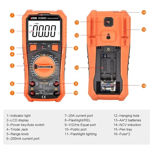 Image of Victor VC890D Digital Multimeter Tester, 1999 Counts, Measures DC /AC Voltage & Current Resistance Capacitance Frequency Diode Continuity Testing with Auto Power Off (Victor VC890D)