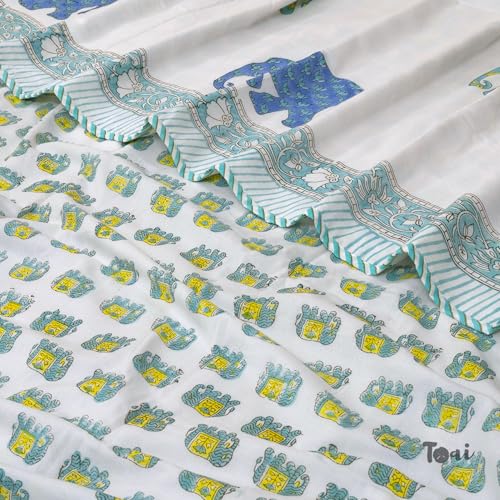 Image of TOAIArt Premium Jaipuri Dohar | AC Blanket Summer Quilt | Hand Block Printed | 3 Layers | Reversible | 150GSM 100% Mulmul Cotton | 100% Cotton Flannel Filling | Single 60 inch X 90 inch | Multicolor Elephant