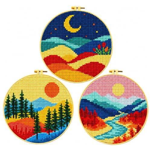 Image of Zhenqing Sun Moon Landscape Stamped Cross Stitch Kit, 3 Pack 11CT Printed Mountain Scenery Patterns with Hoops and Tools, DIY Embroidery Set for Adults and Beginners