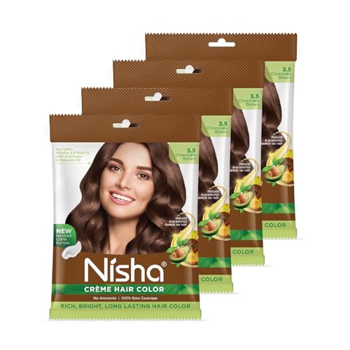 Image of Nisha Cream Permanent Hair Colour, Long Lasting, Hair Color for Deep Shine, 100% Grey Coverage, Conditioning With Natural Herbs (40g) Chocolate Brown (Pack of 4)