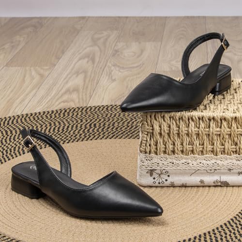 1 Inch Low Chunky Block Slingback Heels for Women Closed Pointed Toe Ankle Strap Pumps Womens Wedding Party Black Beige Sliver Dress Sling Back Shoes2
