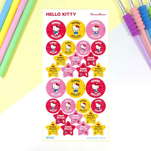 Mine Stamp x Sanrio – Etiquetas Termoadhesivas Personalizadas Hello Kitty & Friends | Etiquetas para Ropa Infantil | Marcar Ropa sin Coser | Redondas y Estrellas | 56 Unidades