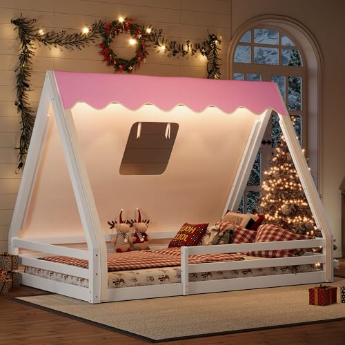 Image of CZBZ Full Size House Floor Bed with Canopy Tent and LED Lights, Wood Teepee Montessori Floor Beds Frame with Guardrails for Kids, Playhouse Design for Safe Sleep & Imaginative Play
