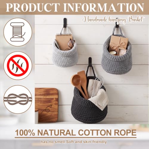 Image of Honeydak 3 Hanging Baskets, Grey, White, Dark Grey, Barrel, Cotton Rope