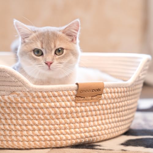 CheerPals Katzenbett mit Kissen, 47cm Waschbar Katzenkorb aus Baumwollseilen geflochten, zum Schlafen für Alle Katze, All Season Universal