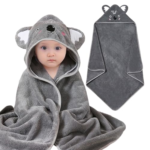 Image of Hushlibaby 4Pack Hooded Baby Towels - Unique Animal Design Cotton Unisex Super Absorbent 31.5x31.5 Inch for Newborn Infant Toddler Essentials (Gray Koala-4pack)