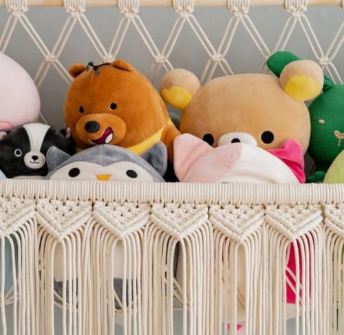 Image of Decazone Macrame Toy Hammock Organizer for Stuffed Animals | Handmade Cotton Rope Storage Net | Boho Wall Hanging Nursery Organizer | Corner Mesh Hammock for Kids Room & Home Decor (1 Tier)