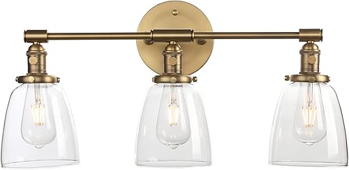 Phansthy 3 apliques de pared de latón antiguo, lámpara de pared con interruptor de encendido y apagado y pantalla de vidrio transparente con forma