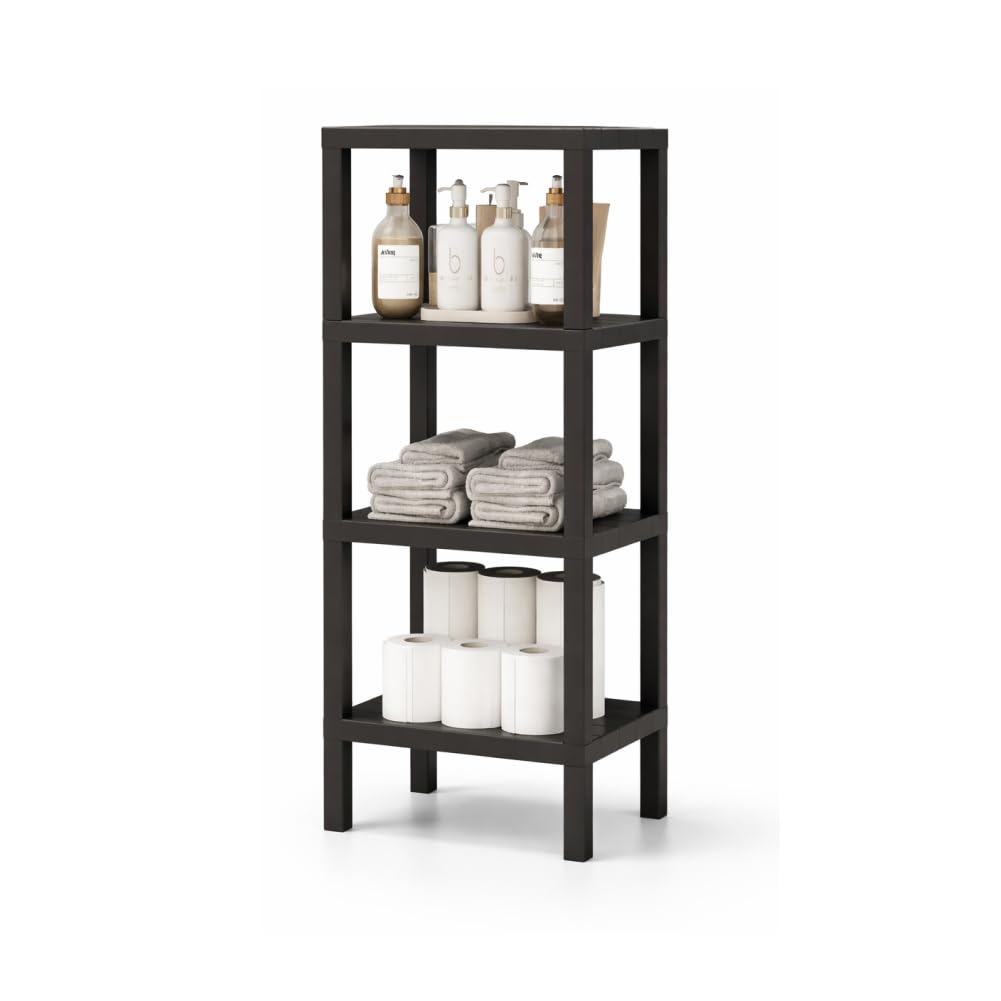 sugodesign Ombeg Scaffale a 4 ripiani, bianco/grigio/nero, in plastica, rettangolare, autoportante, moderno, multiuso, per bagno, cucina, soggiorno (nero)