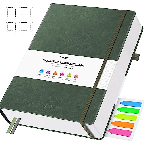 Squared Paper Notebook A5, 312 Numbered Pages Hardback Leather Journal, 100gsm No Bleed Grid Notebook with Index Pages, Graph Paper Notebook for Graphing Notes Math, 5.75" x 8.38", Green