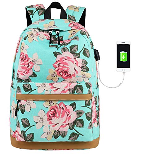 Mädchen Schulrucksack Fashion Damen Canvas Rucksack Floral Backpack for Teenager Girls mit USB Charging Port